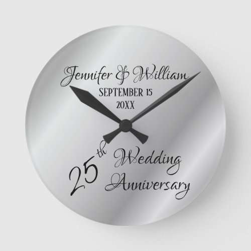 Elegant Silver Custom 25th Wedding Anniversary Round Clock