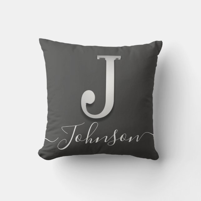Elegant Silver Custom Monogram J Name Throw Pillow (Front)