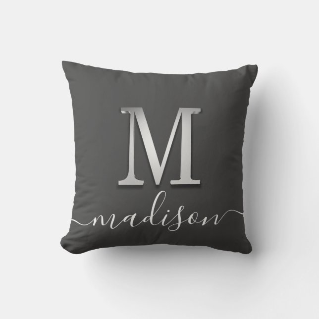 Elegant Silver Custom Monogram M Name Throw Pillow (Front)