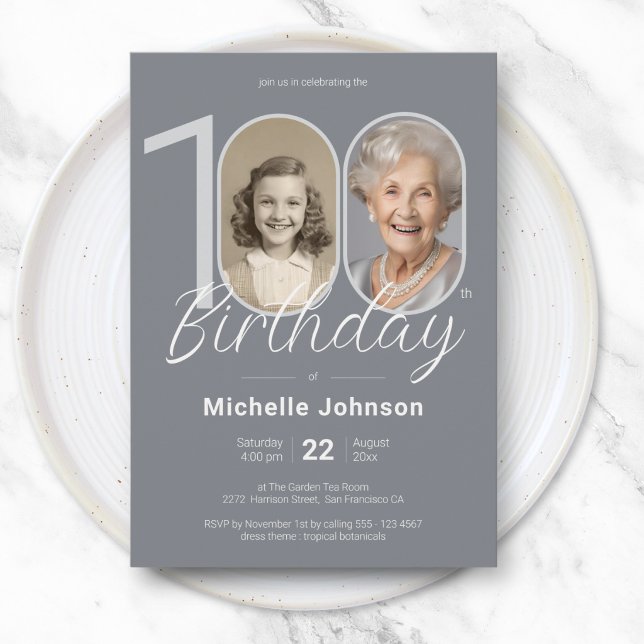 Elegant Silver Custom Photo 100th Birthday Invitation (Elegant Silver Custom Photo 100th Birthday Invitation)