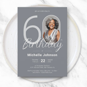 Elegant Silver Custom Photo 60th Birthday Invitation