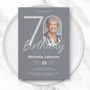 Elegant Silver Custom Photo 70th Birthday Invitation