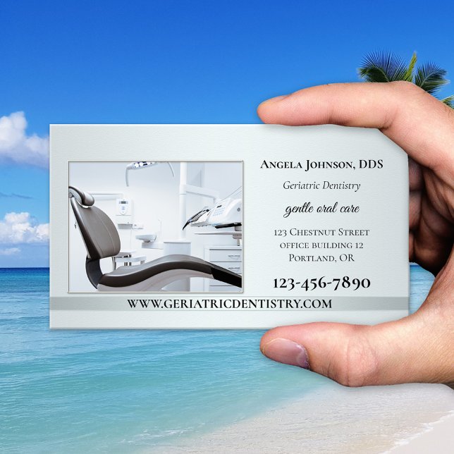 Elegant Silver Custom Photo Dentist Business Card (Dentist business card featuring your own custom photo (optional) framed by a silver stylized design)