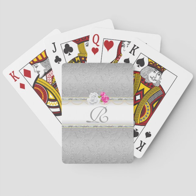 Elegant Silver Damask and Pink  Monogram Poker Cards (Back)