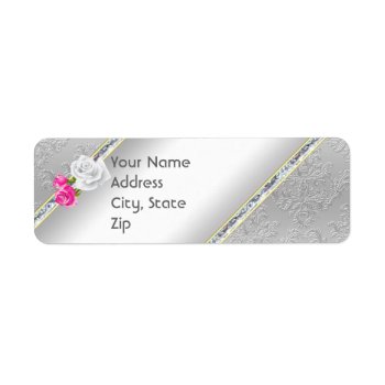 Elegant Silver Damask And Pink Rose Address Label by Wedding_Trends at Zazzle