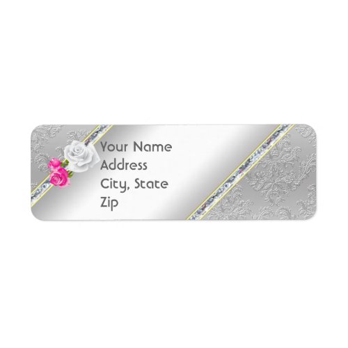 Elegant Silver Damask and Pink Rose Address Label