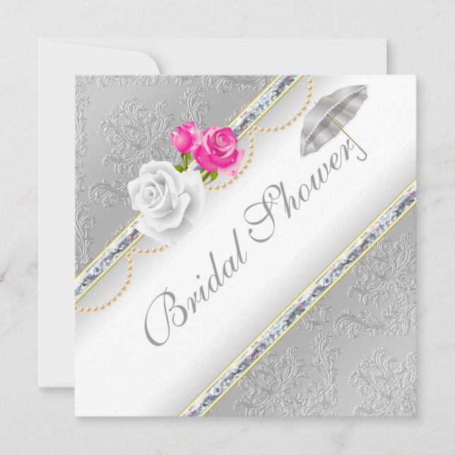 Elegant Silver Damask and Pink Rose Bridal Shower Invitation (Front)