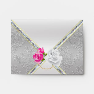 Elegant Silver Damask and Pink Rose Envelope