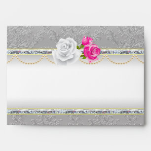 Elegant Silver Damask and Pink Rose Envelope