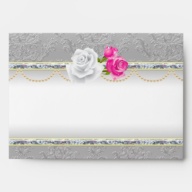 Elegant Silver Damask and Pink Rose Envelope (Front)