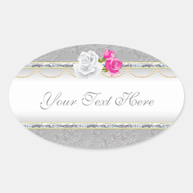 Elegant Silver Damask and Pink Rose Oval Sticker (Front)