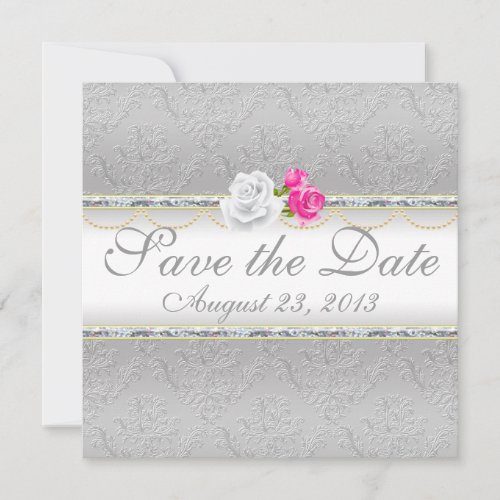 Elegant Silver Damask and Pink Rose Save the Date