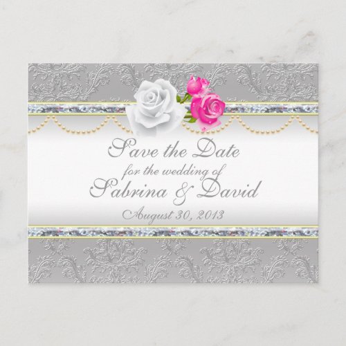 Elegant Silver Damask and Pink Rose Save the Date Announcement Postcard