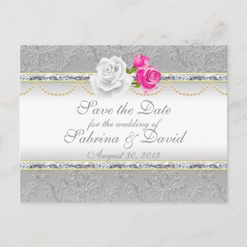 Elegant Silver Damask And Pink Rose Save The Date Announcement Postcard by Wedding_Trends at Zazzle