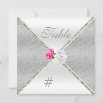 Elegant Silver Damask And Pink Rose Table Number by Wedding_Trends at Zazzle