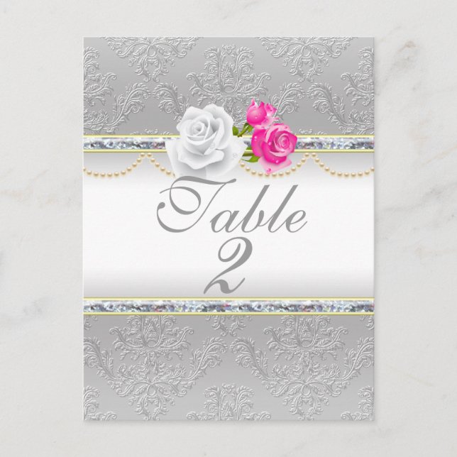Elegant Silver Damask and Pink Rose  Table Number (Front)