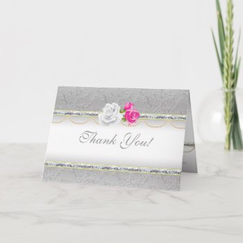 Elegant Silver Damask And Pink Rose Thank You Card by Wedding_Trends at Zazzle