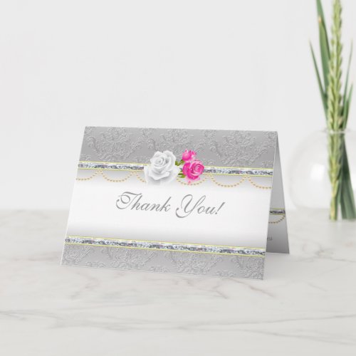 Elegant Silver Damask and Pink Rose Thank You Card