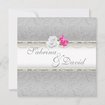Elegant Silver Damask And Pink Rose  Wedding Invitation by Wedding_Trends at Zazzle