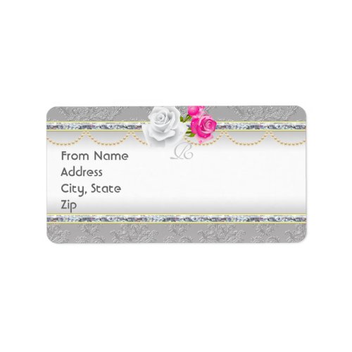 Elegant Silver Damask and Rose Monogram Address Label