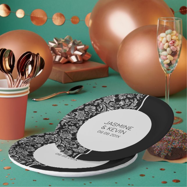 Elegant Silver Damask & Black Split Screen Paper Plates (Multi)