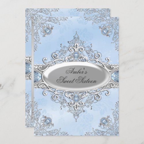 Elegant Silver Damask  Blue Jewel Sweet Sixteen Invitation