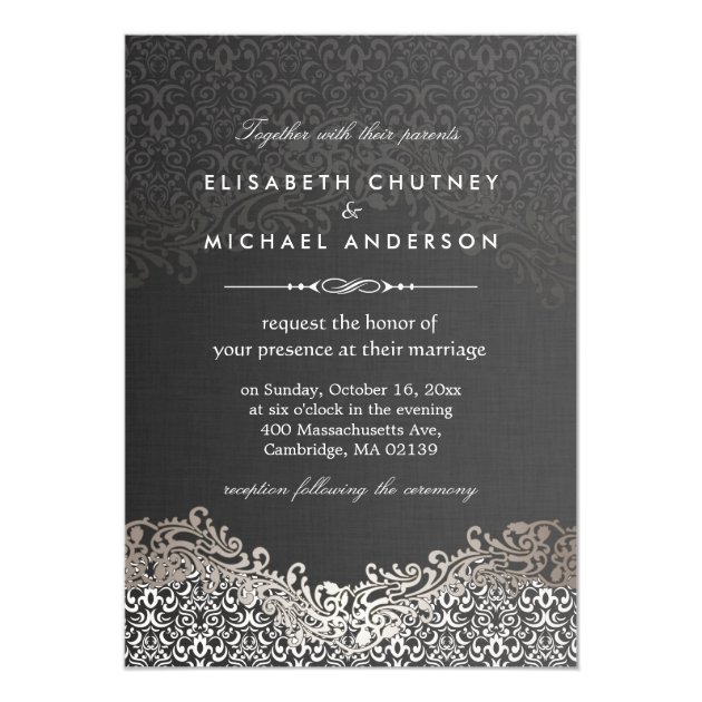 Elegant Silver Damask - Classic Formal Wedding Invitation