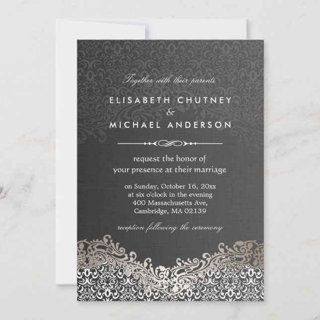 Elegant Silver Damask - Classic Formal Wedding Invitation (Front)