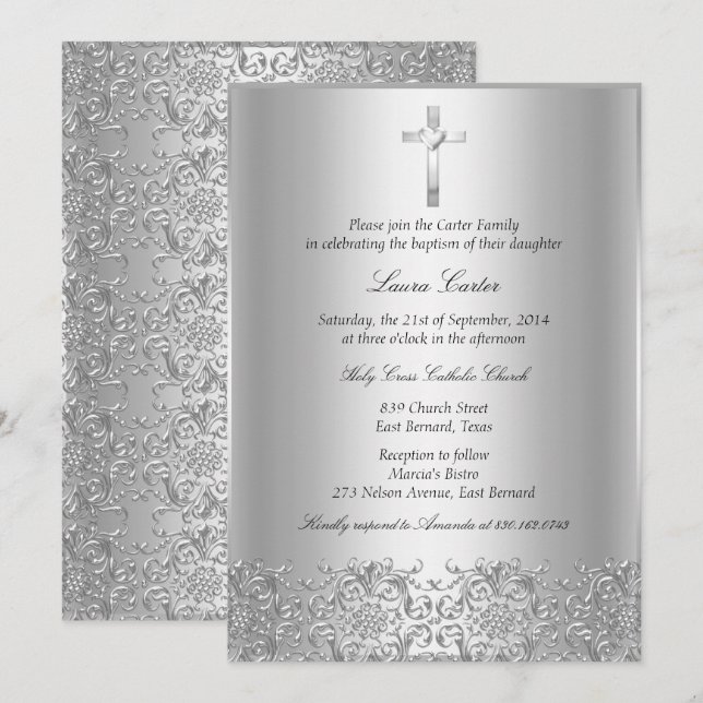 Elegant Silver Damask & Cross Baptism/Christening Invitation (Front/Back)