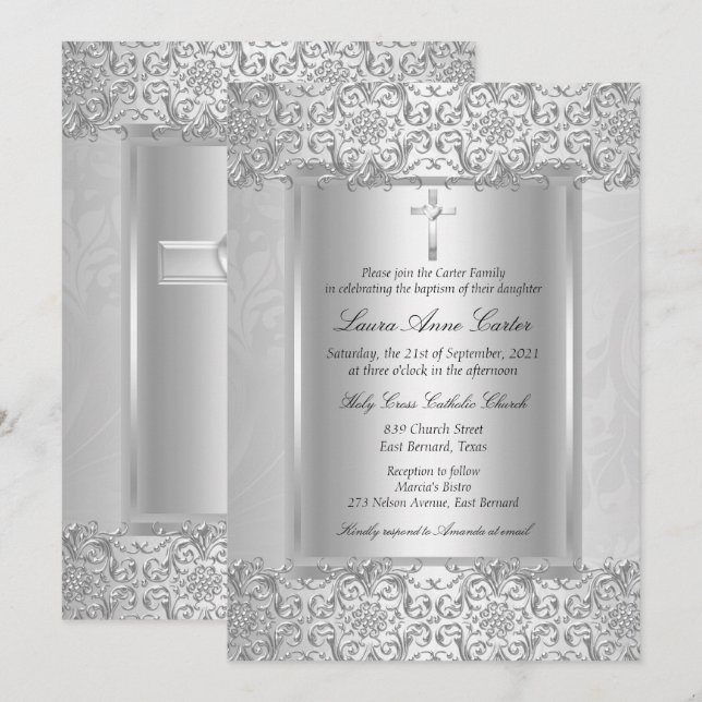 Elegant Silver Damask Cross Baptism/Christening Invitation (Front/Back)