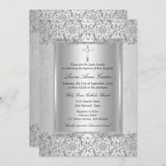 Elegant Silver Damask Cross Baptism/Christening Invitation