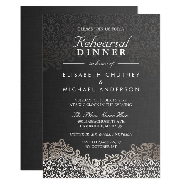 Elegant Silver Damask Formal Rehearsal Dinner Invitation