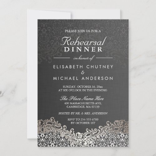 Elegant Silver Damask Formal Rehearsal Dinner 5x7 Paper Invitation Card