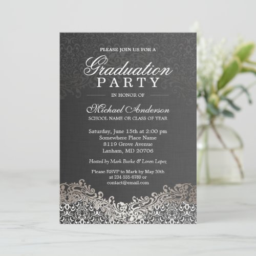 Elegant Silver Damask Grad Graduation Party 5x7 Paper Invitation Card