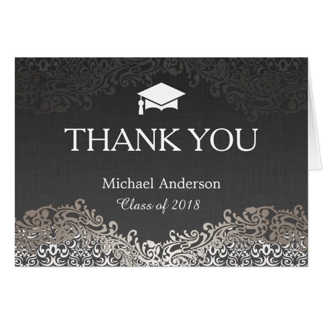 Elegant Silver Damask Grad Graduation Thank You Card
