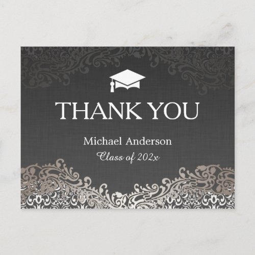 Elegant Silver Damask Graduation Thank You Postcard