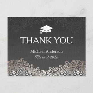 Elegant Silver Damask Graduation Thank You Postcard