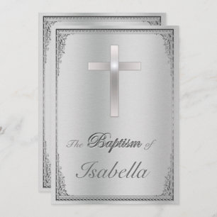 Elegant silver damask & silver cross Baptism Invitation