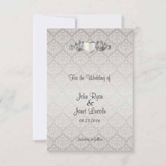 Elegant Silver Damask Style Save The Date (Front)