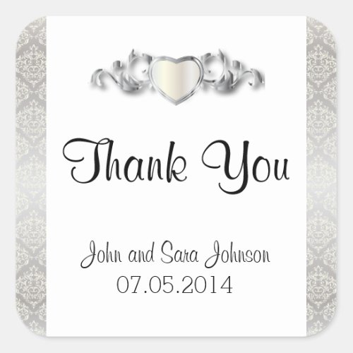Elegant Silver Damask Style Wedding 2 Square Sticker