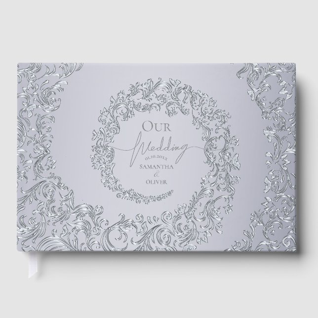 Elegant Silver Damask Wedding Guest Book (Front)
