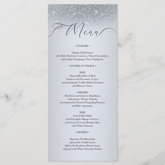 Elegant Silver Damask Wedding Menu Card (Front)