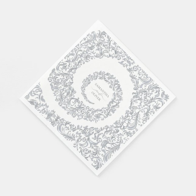 Elegant Silver Damask Wedding Napkins (Corner)