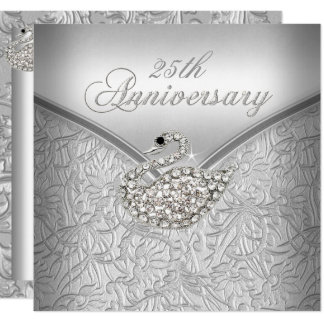 Elegant Silver Damask White Swan 25th Anniversary Card