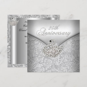 Elegant Silver Damask White Swan 25th Anniversary Invitation