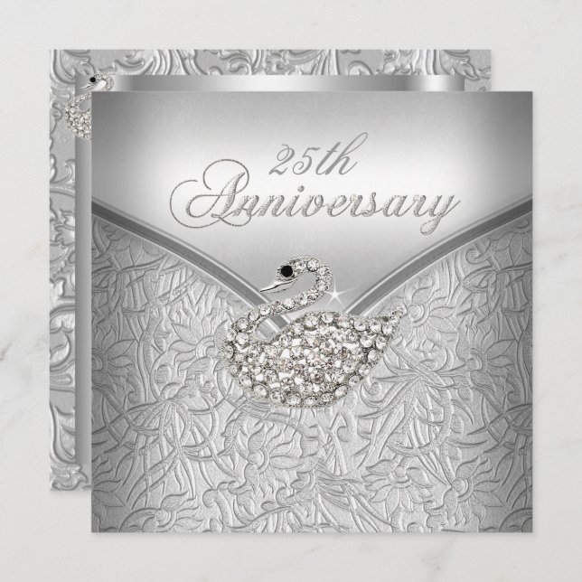 Elegant Silver Damask White Swan 25th Anniversary Invitation (Front/Back)