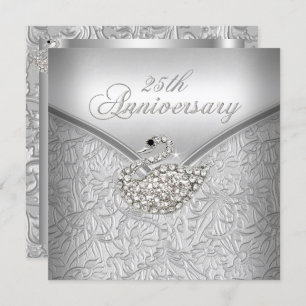 Elegant Silver Damask White Swan 25th Anniversary Invitation