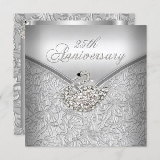Elegant Silver Damask White Swan 25th Anniversary Invitation