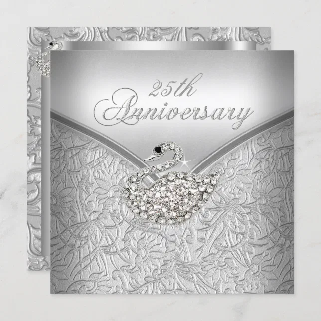 Elegant Silver Damask White Swan 25th Anniversary Invitation | Zazzle