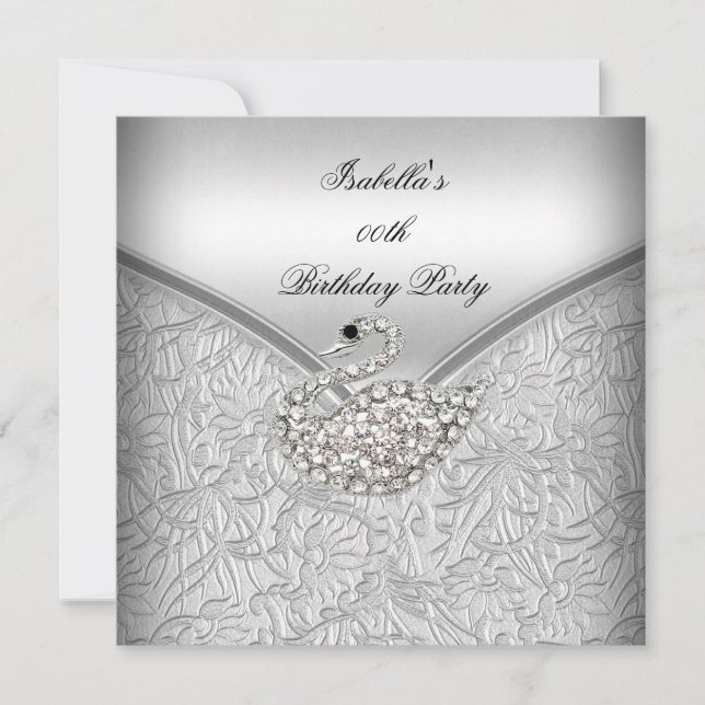 Elegant Silver Damask White Swan Birthday Party Invitation (Front)